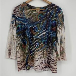 Jess & Jane 3/4 Sleeve Peacock Blouse Women’s Size Large